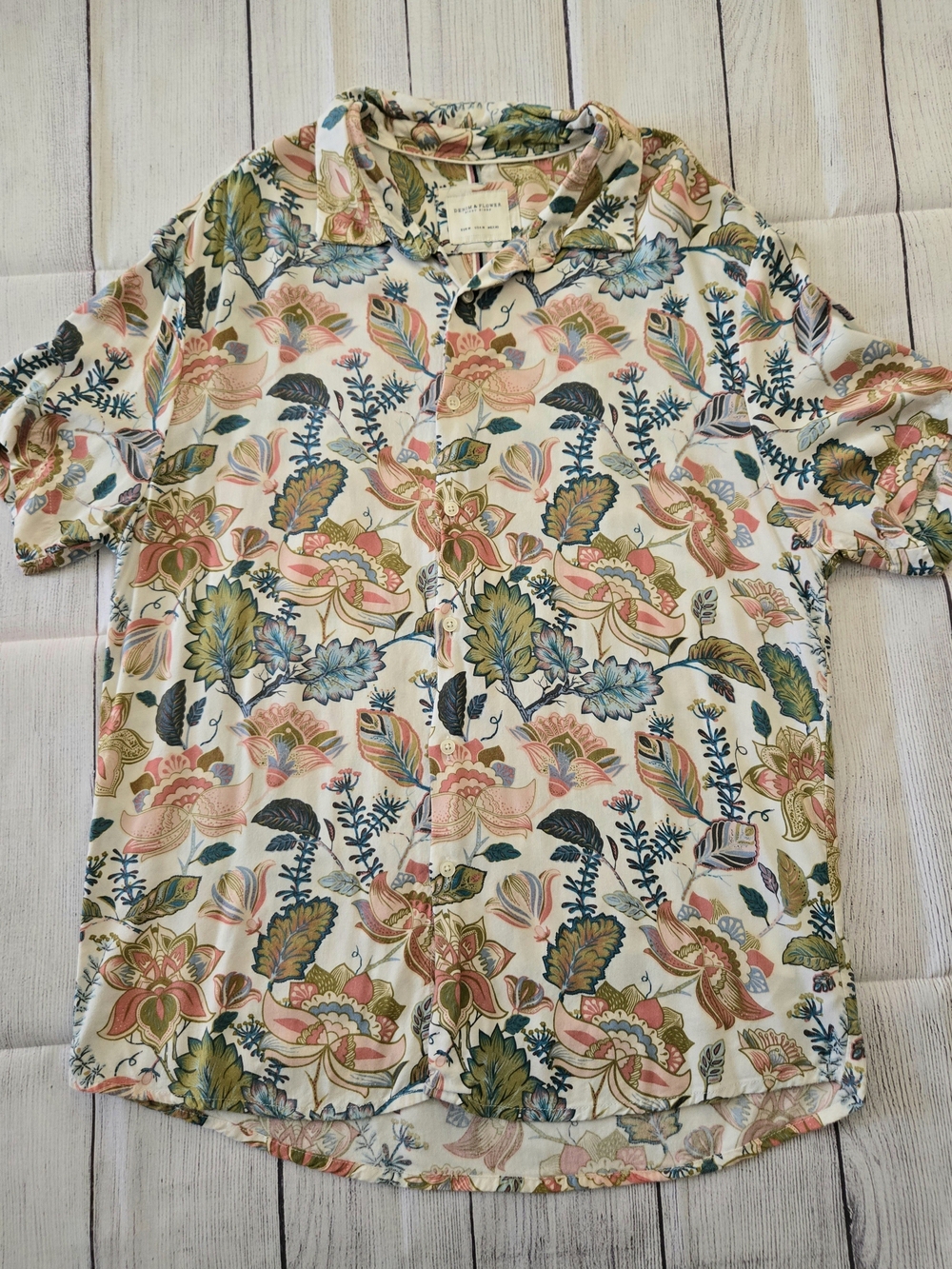 Denim & Flower Cream Floral Button-Down Shirt with Pink & Green Accents
